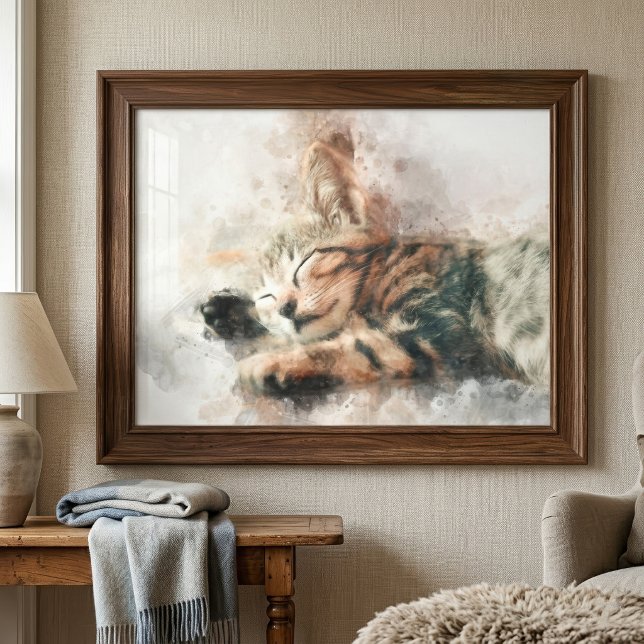 Vacker och söt sovande kattunge i akvarell fototryck (Beautiful and cute kitten sleeping watercolor. photo print)