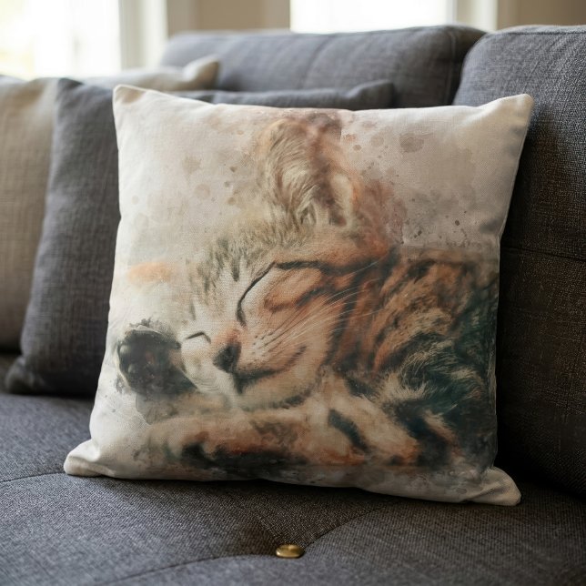 Vacker och söt sovande kattunge i akvarell kudde (Beautiful and cute kitten sleeping watercolor. throw pillow )