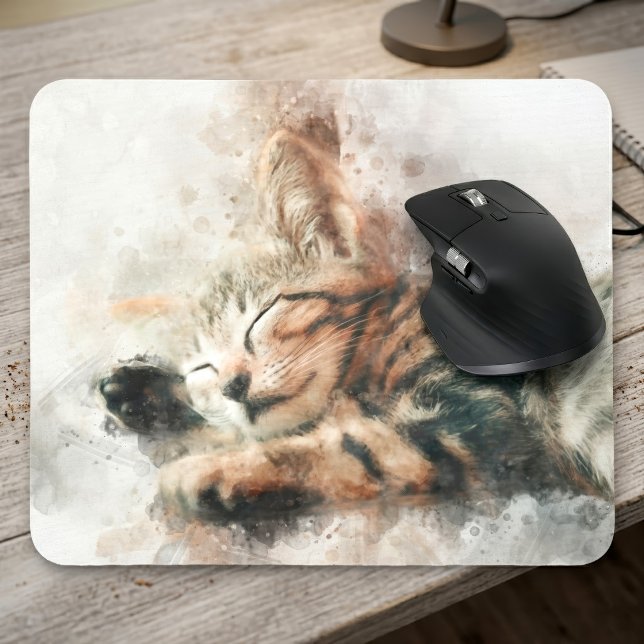 Vacker och söt sovande kattunge i akvarell musmatta (Beautiful and cute kitten sleeping watercolor. mouse pad)
