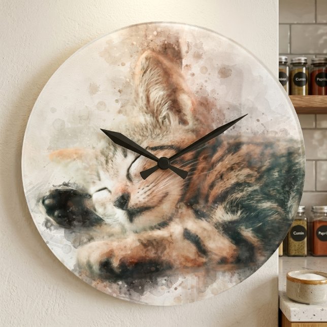 Vacker och söt sovande kattunge i akvarell stor klocka (Beautiful and cute kitten sleeping watercolor. large clock)