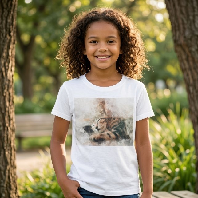 Vacker och söt sovande kattunge i akvarell t shirt (Beautiful and cute kitten sleeping watercolor. Girl Basic White T-Shirt)