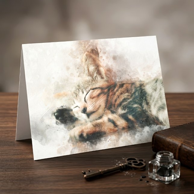 Vacker och söt sovande kattunge i akvarell tack kort (Beautiful and cute kitten sleeping watercolor. thank you card)