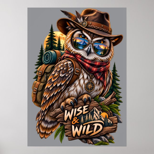 Vacker och vild uggl hikes rustik utomhusaffisch poster (Framsidan)