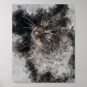 vacker ögon-vattenfärgsmålning med stor katt, stor poster