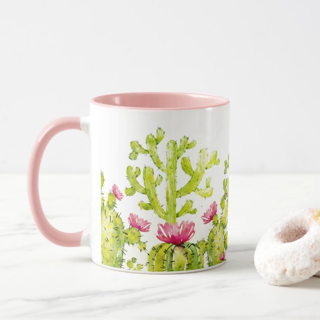 Vacker ökenkaktus med rosa blomma kaffemugg (Med munk)