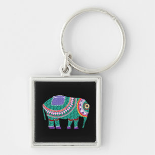Vacker Ornate Elephant Fyrkantig Silverfärgad Nyckelring