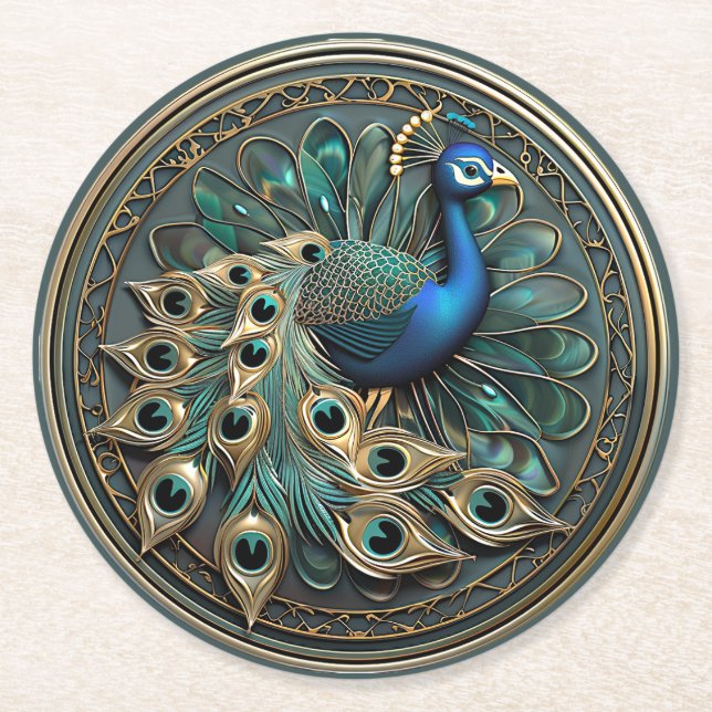 Vacker Påfågel Blå Guld Turkos Art Deco   Underlägg Papper Rund (Framsidan)
