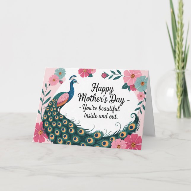 Vacker påfågel blomsterkort för mors dag  kort (Framsida)