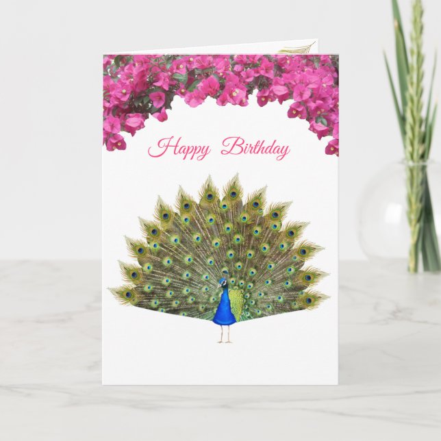 Vacker påfågel och tropiska blommor födelsedag anteckningskort (Framsida)