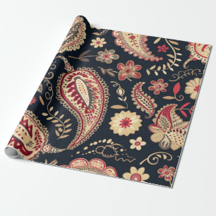 Vacker Paisley Mönster Mörk Navy och Red Mix Presentpapper