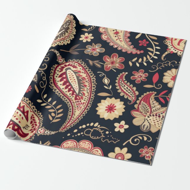 Vacker Paisley Mönster Mörk Navy och Red Mix Presentpapper (Utrullad)