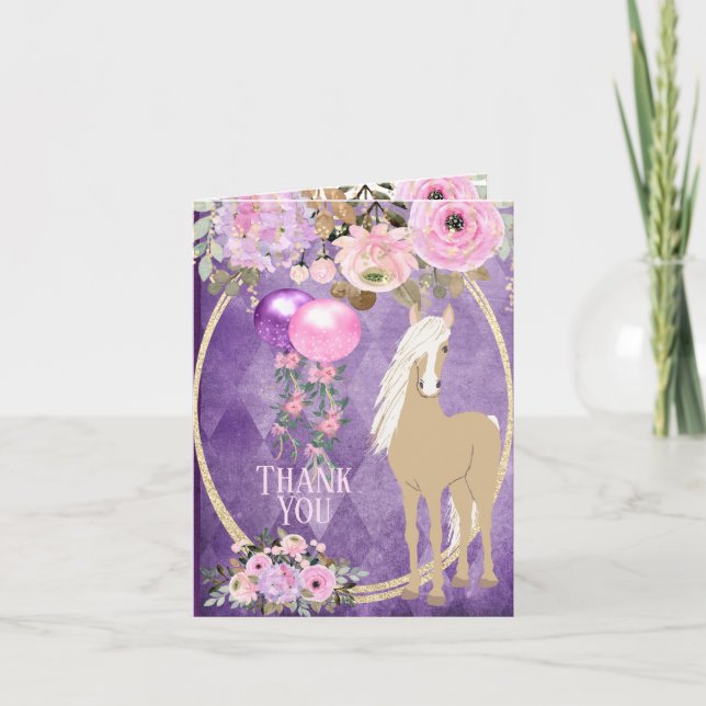 Vacker Palomino Rosa och Lila Blommor Häst Tack Kort (Framsida)