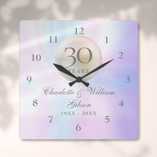 Vacker pärl 30-års bröllopsdag fyrkantig klocka (Beautiful Pearl 30th Wedding Anniversary Square Wall Clock)