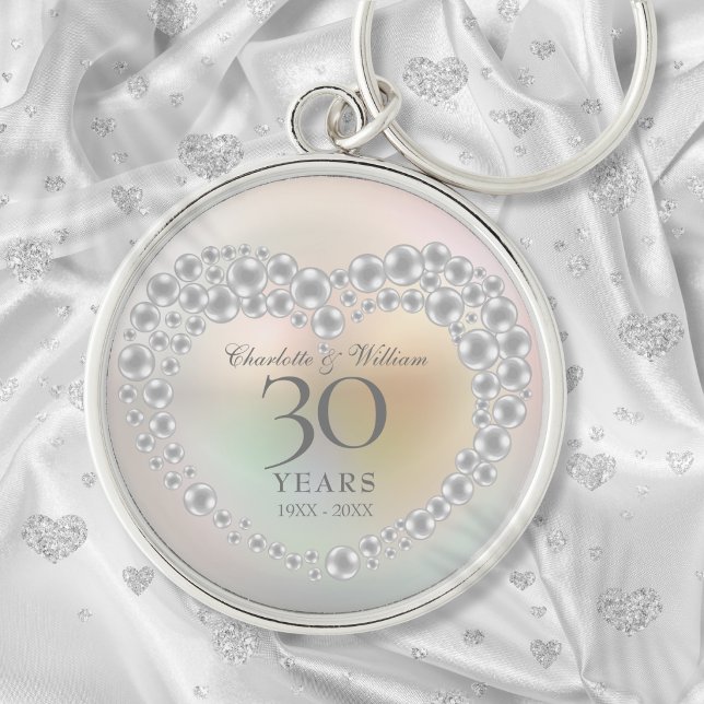 Vacker pärl 30-års bröllopsdag rund silverfärgad nyckelring (Beautiful Pearl 30th Wedding Anniversary Keychain)