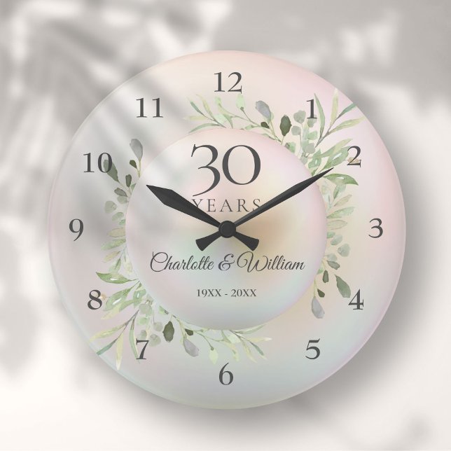 Vacker pärl 30-årsjubileum grönska stor klocka (Beautiful Pearl 30th Anniversary Greenery Large Clock)