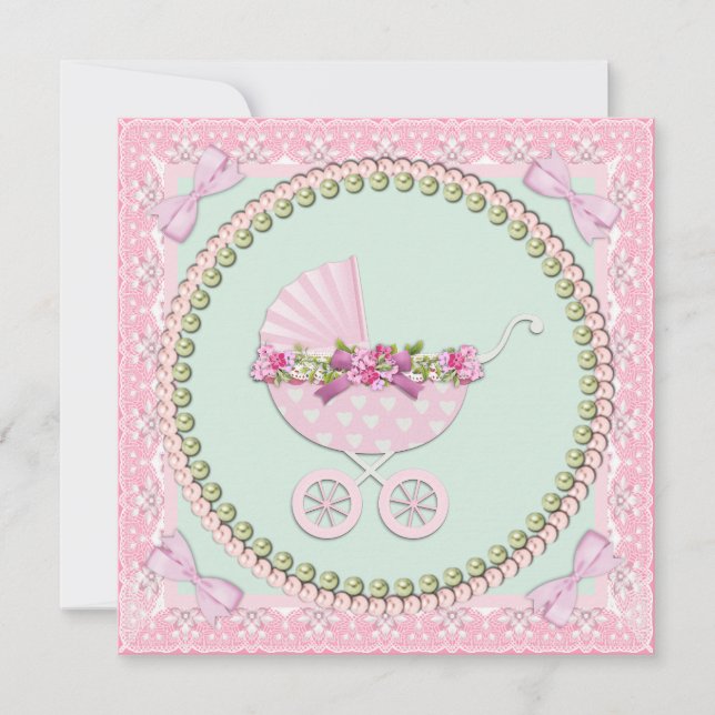 Vacker pärlrosa och grön baby shower inbjudningar (Framsida)