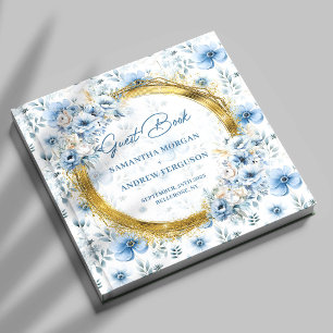 Vacker Pastel Blåa blommor Guld Glitter Bröllop Gästböcker