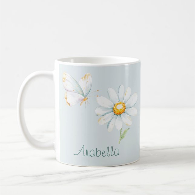 Vacker Pastell Akvarell Fjäril och Tusenskönor Kaffemugg (Vänster)