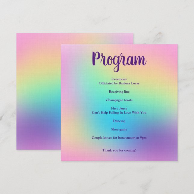 Vacker Pastell Regnbågsgradient Bröllopsprogram Program (Fram/baksida)