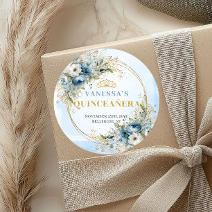 Vacker Pastellblå Guld Eukalyptus Quinceañera  Runt Klistermärke