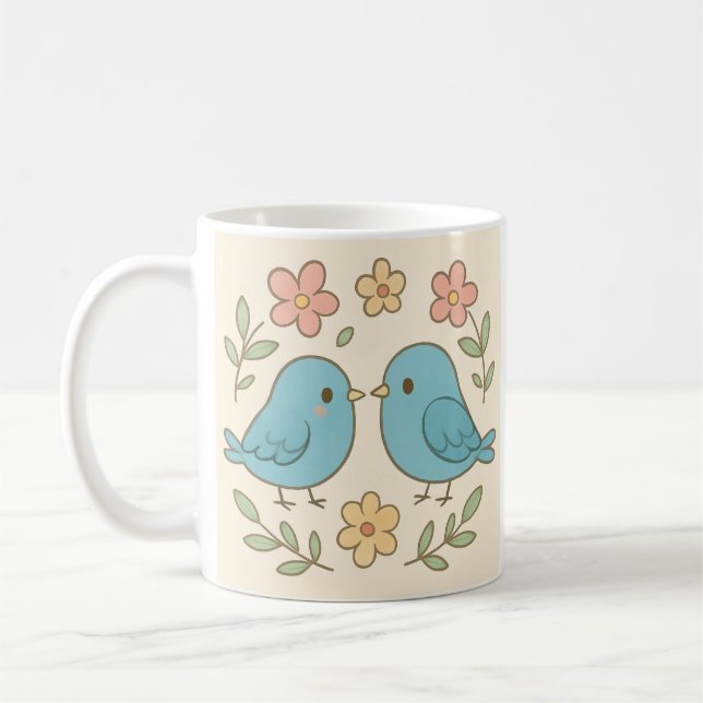 Vacker pastellfärgad fågeltryckmugg kaffemugg (Vänster)
