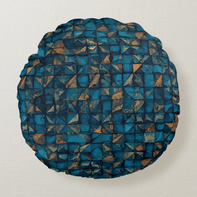 Vacker patchwork "look" i mörk teal rund kudde (Framsidan)