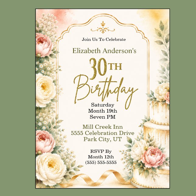 Vacker Peony 30-årsfest Inbjudningar (Beautiful Peony Flower 30th Birthday Invitation For Women.)