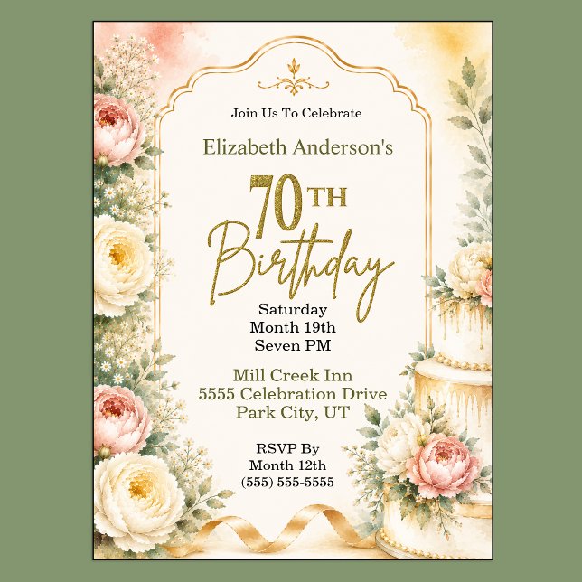 Vacker Peony 70-årsfest Inbjudningar (Beautiful Peony Flower 70th Birthday Invitation For Women.)
