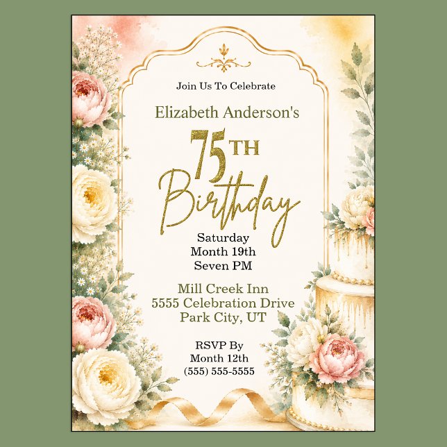 Vacker Peony 75-årsfirande Inbjudningar (Beautiful Peony Flower 75th Birthday Invitation For Women.)