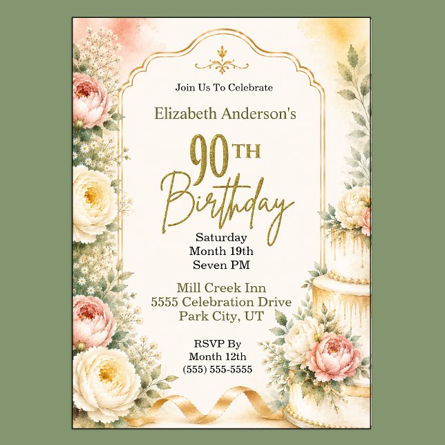 Vacker Peony 90-årsfest Inbjudningar (Beautiful Peony Flower 90th Birthday Invitation For Women.)