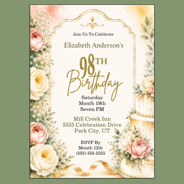 Vacker Peony 98-årsfest Inbjudningar (Beautiful Peony Flower 98th Birthday Invitation For Women.)