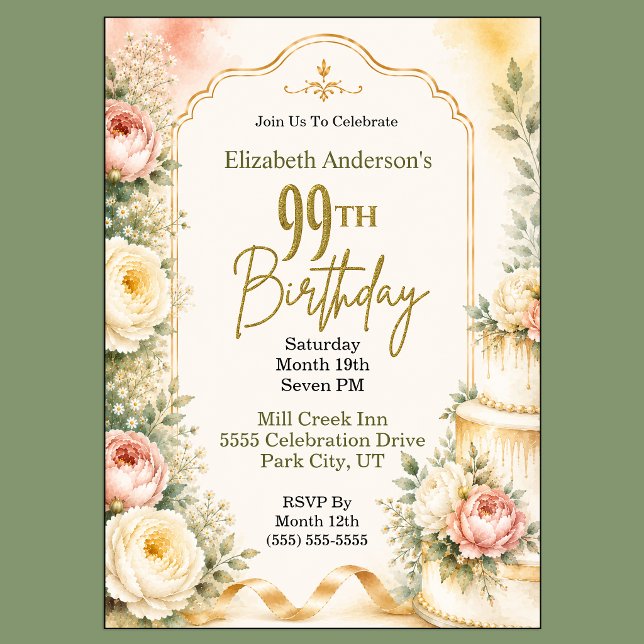 Vacker Peony 99-årsfest Inbjudningar (Beautiful Peony Flower 99th Birthday Invitation For Women.)