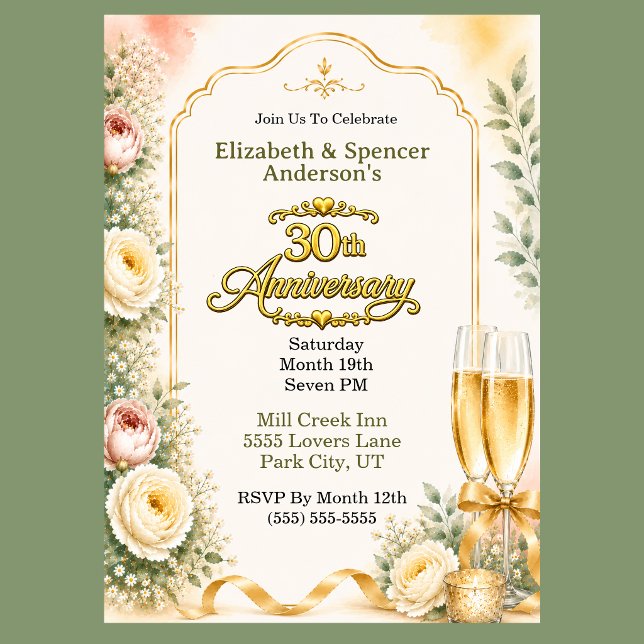 Vacker Peony Champagne 30-årsjubileum Fest Inbjudningar (Beautiful Peony Flowers and Champagne 30th Anniversary Party Invitation.)