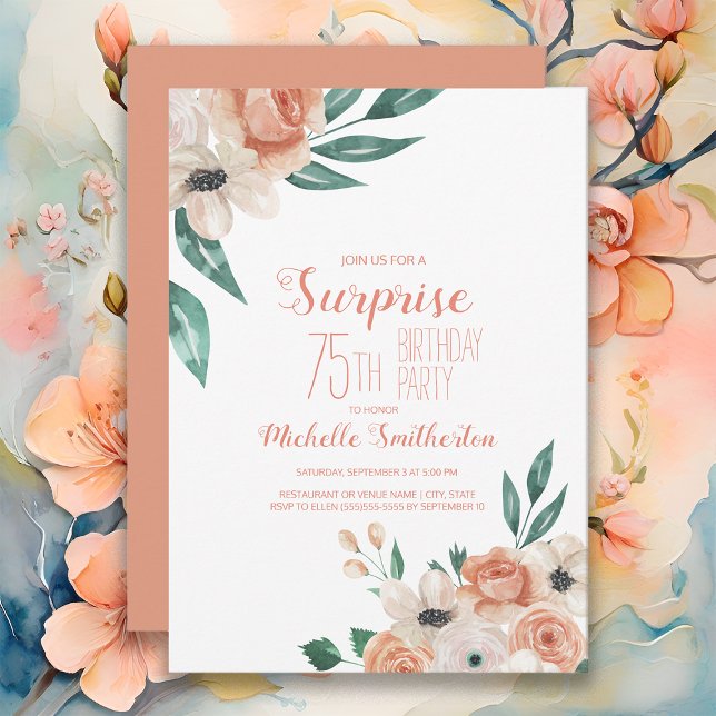Vacker Persikokräm Blommig 75-årsdag Inbjudningar (Peach watercolor floral surprise 75th birthday party invitation)