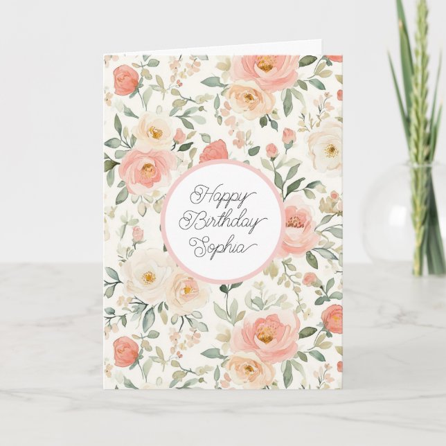 Vacker persikorosa rosa blommig födelsedag kort (Framsida)
