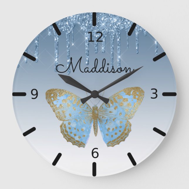 Vacker Personlig Blue Butterfly Large Clock Stor Klocka (Framsida)