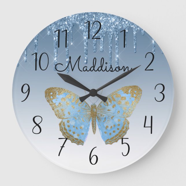 Vacker Personlig Blue Butterfly Large Clock Stor Klocka (Framsida)