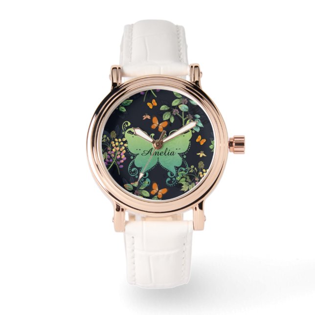 Vacker personlig mörk blommig fjärilsmönster armbandsur (Framsida)