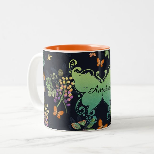 Vacker Personlig Mörk Blommig Fjärilsmönster Två-Tonad Mugg (Framsida vänster)