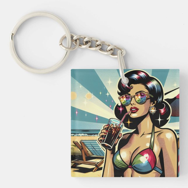 Vacker pinup-kvinna med en Cola på stranden (Framsidan)