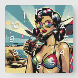 Vacker pinup-kvinna med en Cola på stranden Fyrkantig Klocka