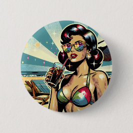 Vacker pinup-kvinna med en Cola på stranden Knapp