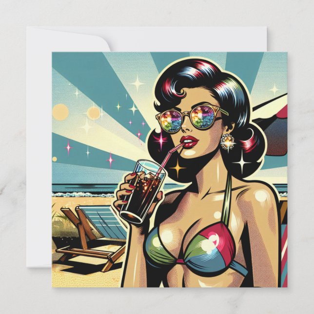 Vacker pinup-kvinna med en Cola på stranden Kort (Framsida)