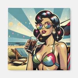 Vacker pinup-kvinna med en Cola på stranden Magnet