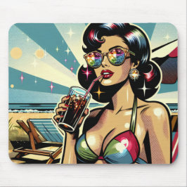 Vacker pinup-kvinna med en Cola på stranden Musmatta