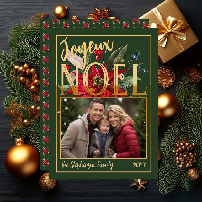 Vacker Poinsettia och Bär God Jul Julkort ("Joyeux Noël" French "Merry Christmas" Faux Foil and Green Poinsettia | Berries Flat Greeting Card)