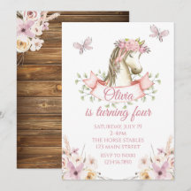 Vacker ponny födelsedagsinbjudan blommande boho hä
