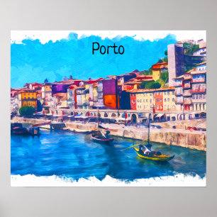Vacker Porto Portugal Panorama View Watercolor Poster