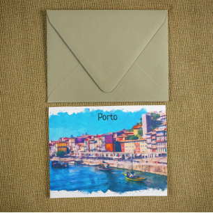 Vacker Porto Portugal Panorama View Watercolor Vykort