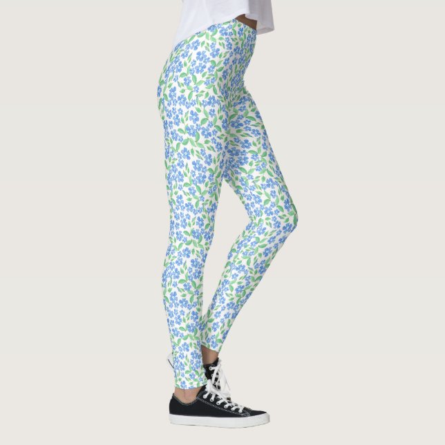 Vacker Prickig Blå Grön Vit Periwinkle Blommig Leggings (Höger)